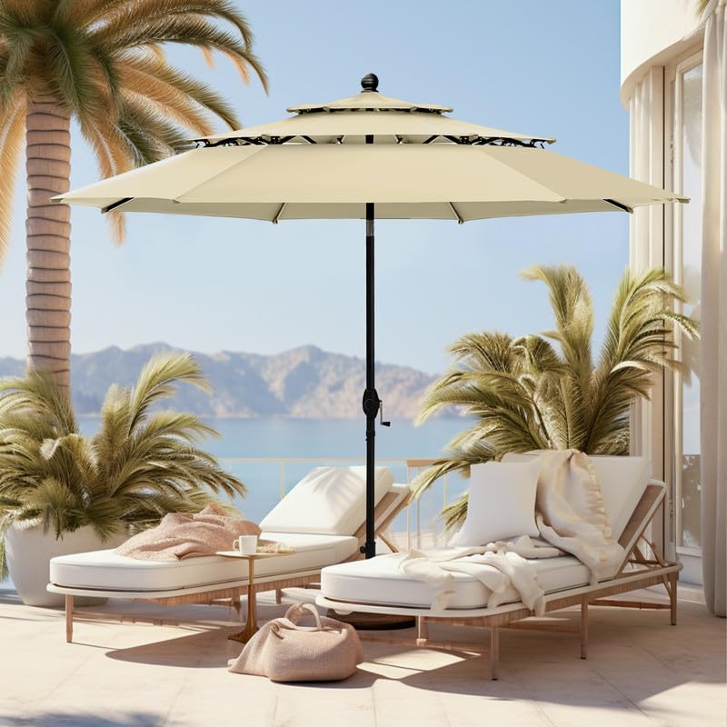 Outdoor Patio Umbrella, Auto-Tilt Market Table Umbrellas with Crank, 8 Sturdy Ribs & 1.5"