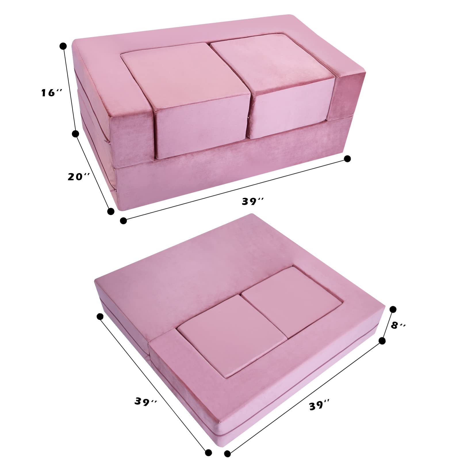 Modular Kids Play Couch Sofa – Pink Convertible Toddler Couch, Fold-Out Plush Foam Chair for Children’s Playroom
