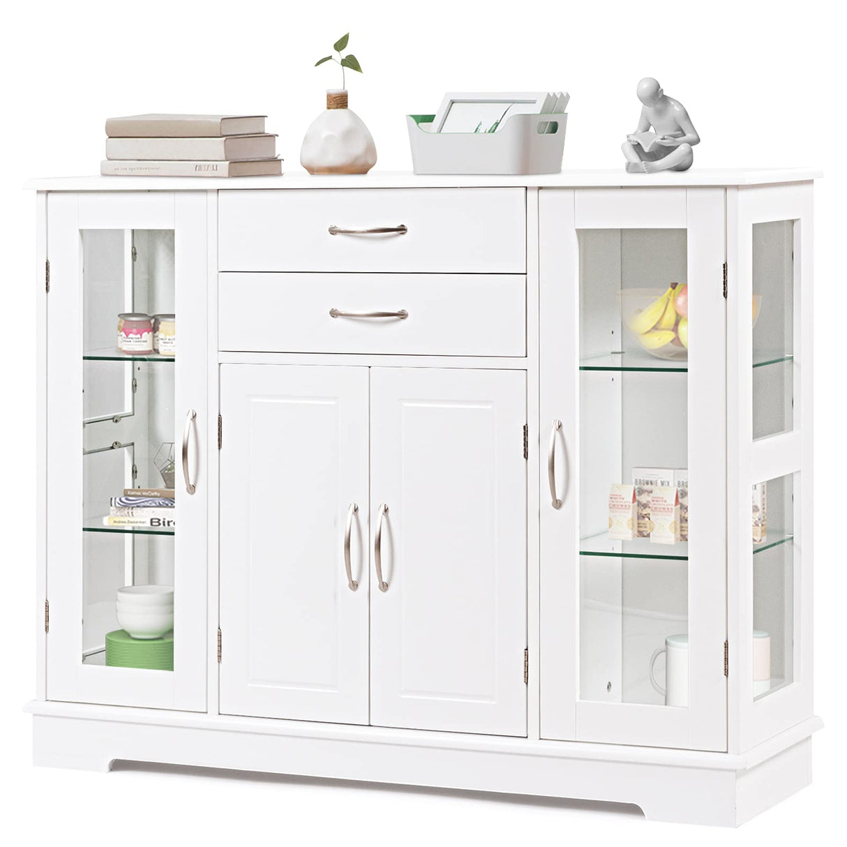 Sideboard Buffet Server Storage Cabinet W/ 2 Drawers, 3 Cabinets and Glass Doors