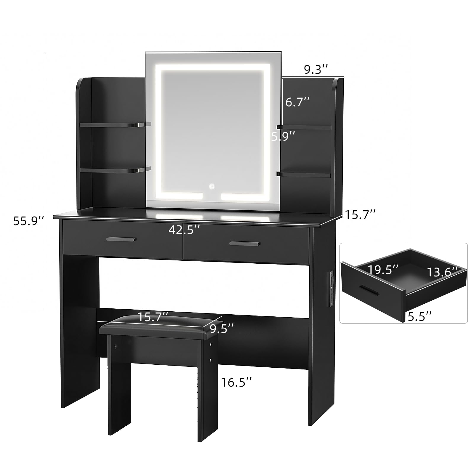 with Lighted Mirror, Makeup Vanity Desk with Power Outlet, 3 Color Light Options Adjustable Brightness,