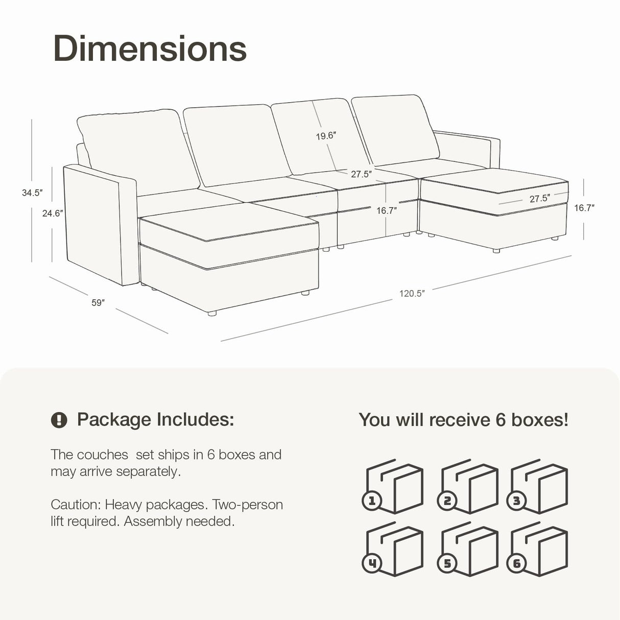 Vorthio 4 Seater with 2 Ottomans Sectional Modular Sofa Couch Upholstered 27.6" Seat Depth Modular Sofas with Storage True Coziness Metal Frame Dual Layer Cushion Sofa Set 121.3" Width Sectional Sofa