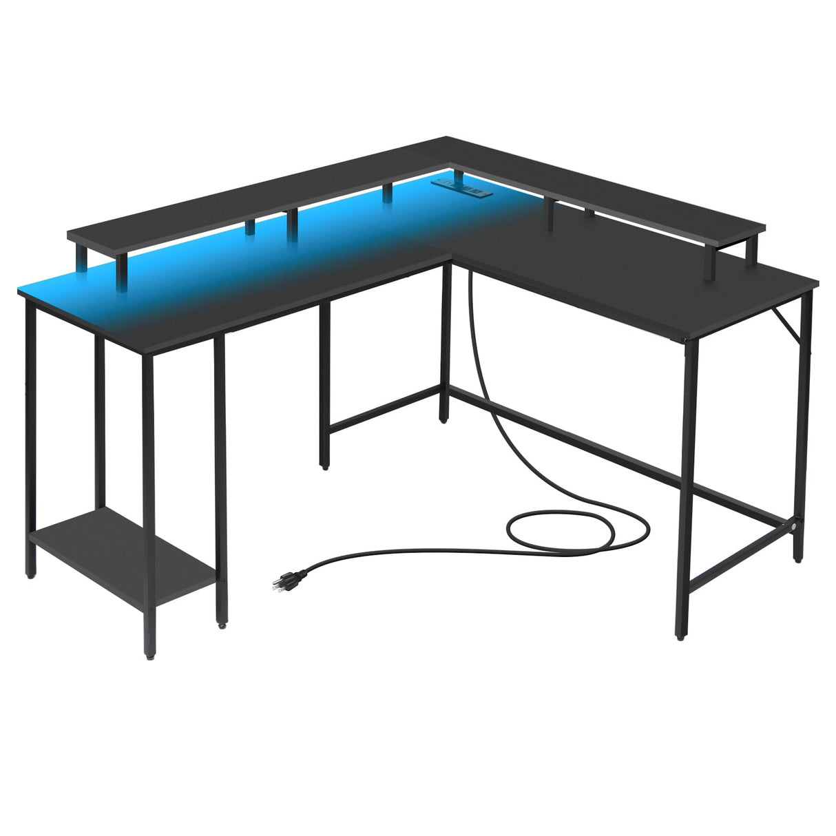 53.5" L Shaped Computer Desk Gaming Desk with LED Lights and Power Outlets