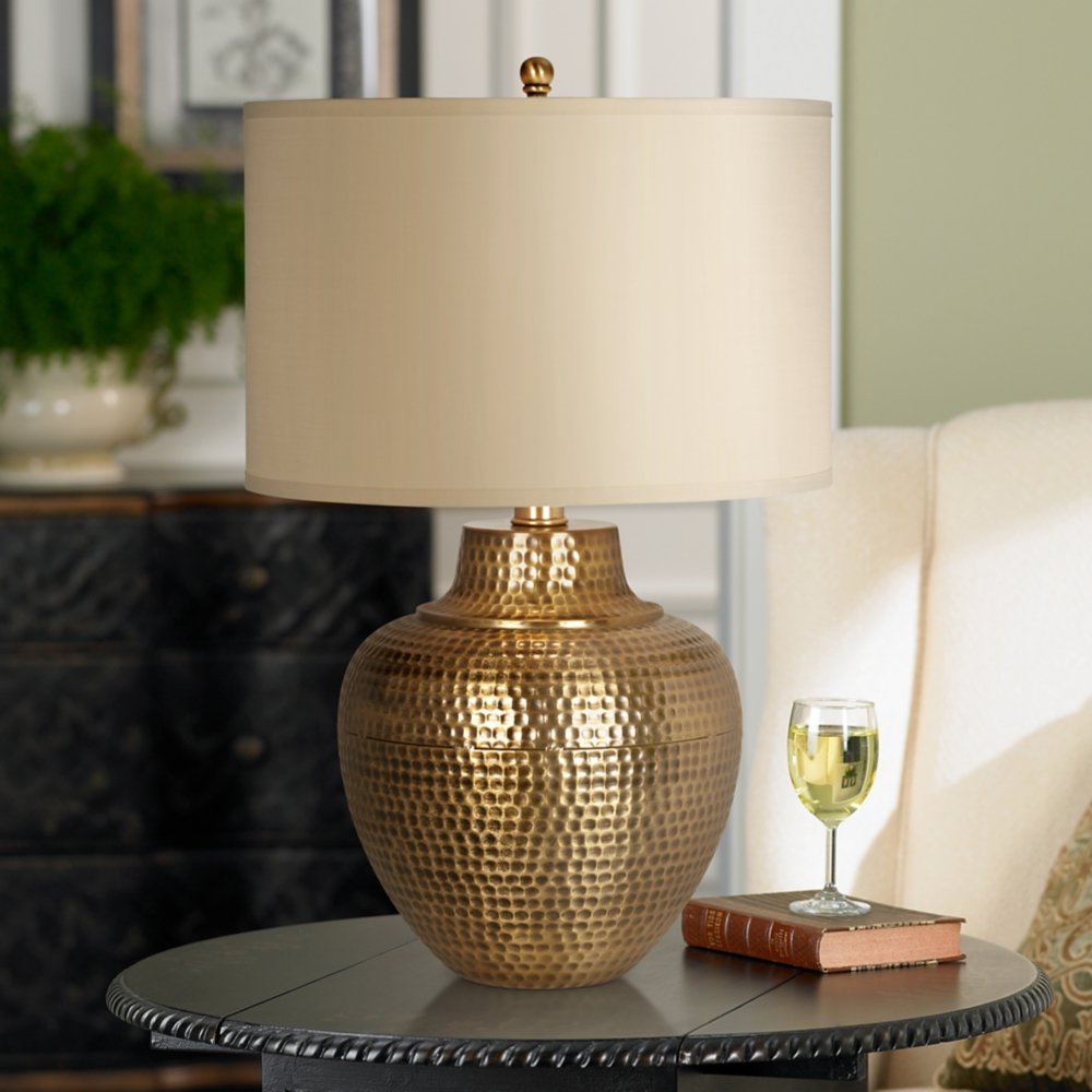 Loft Rustic Farmhouse Table Lamp 27" Tall Hammered Antique Brass Cream Linen