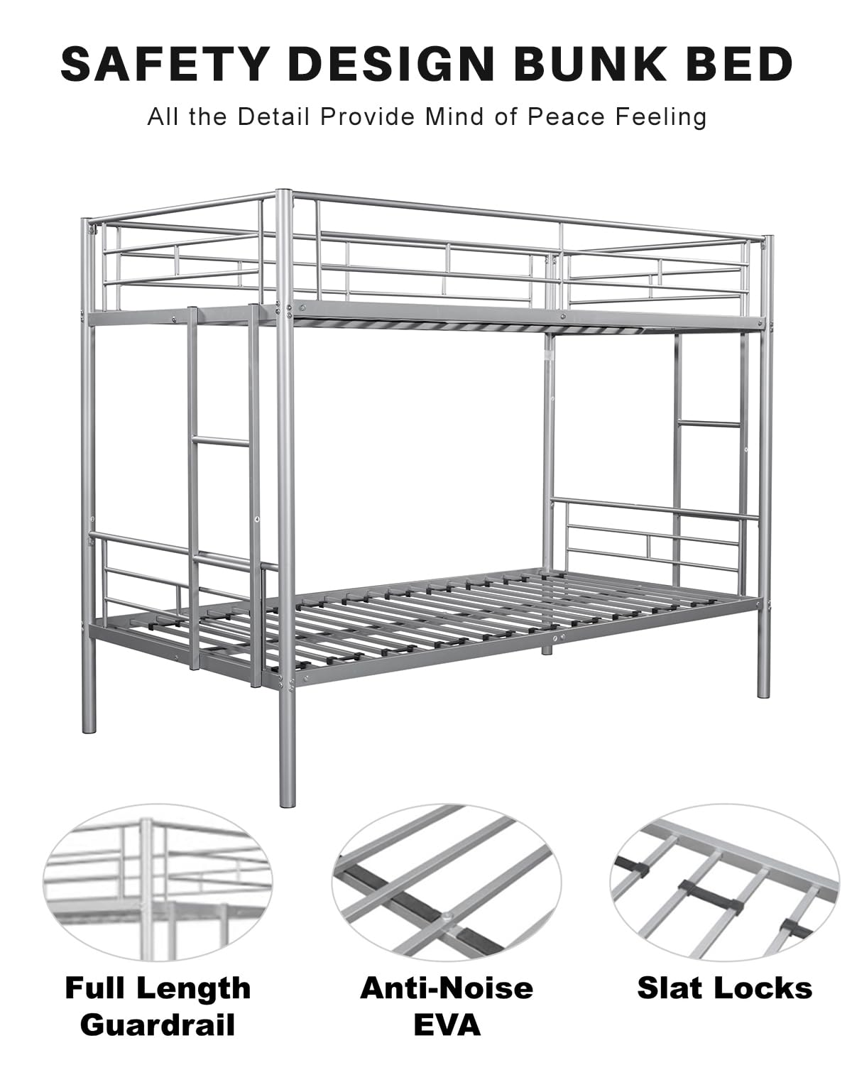 Twin-Over-Twin Metal Bunk Bed - Heavy Duty Bunk Bed Frame - Bunk Beds