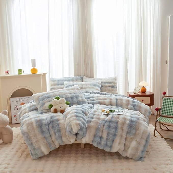 Rabbit Plush Gray White Faux Fur Duvet Cover Comforter Cover Queen