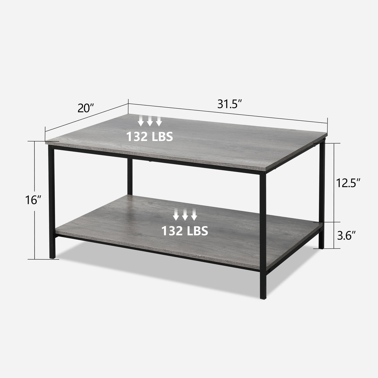 2-Tier Coffee Table with Storage Shelf for Small Living Spaces, Grey Oak Rectangle Wood