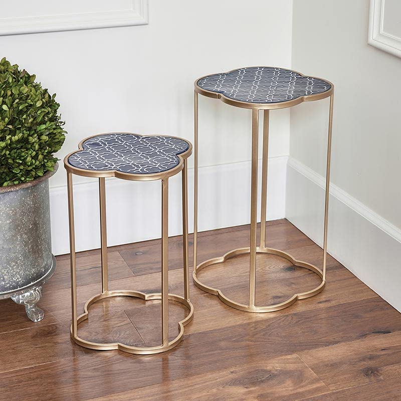 Metal Round Enamel Top Accent Nesting Tables, Set of 2, Blue/Gold