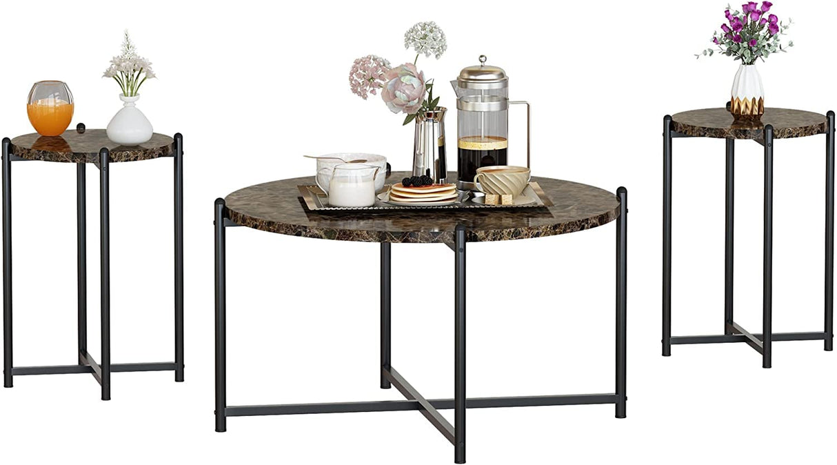 Coffee Table Set of 3, TableSet with Marble Tabletop and Metal Frame