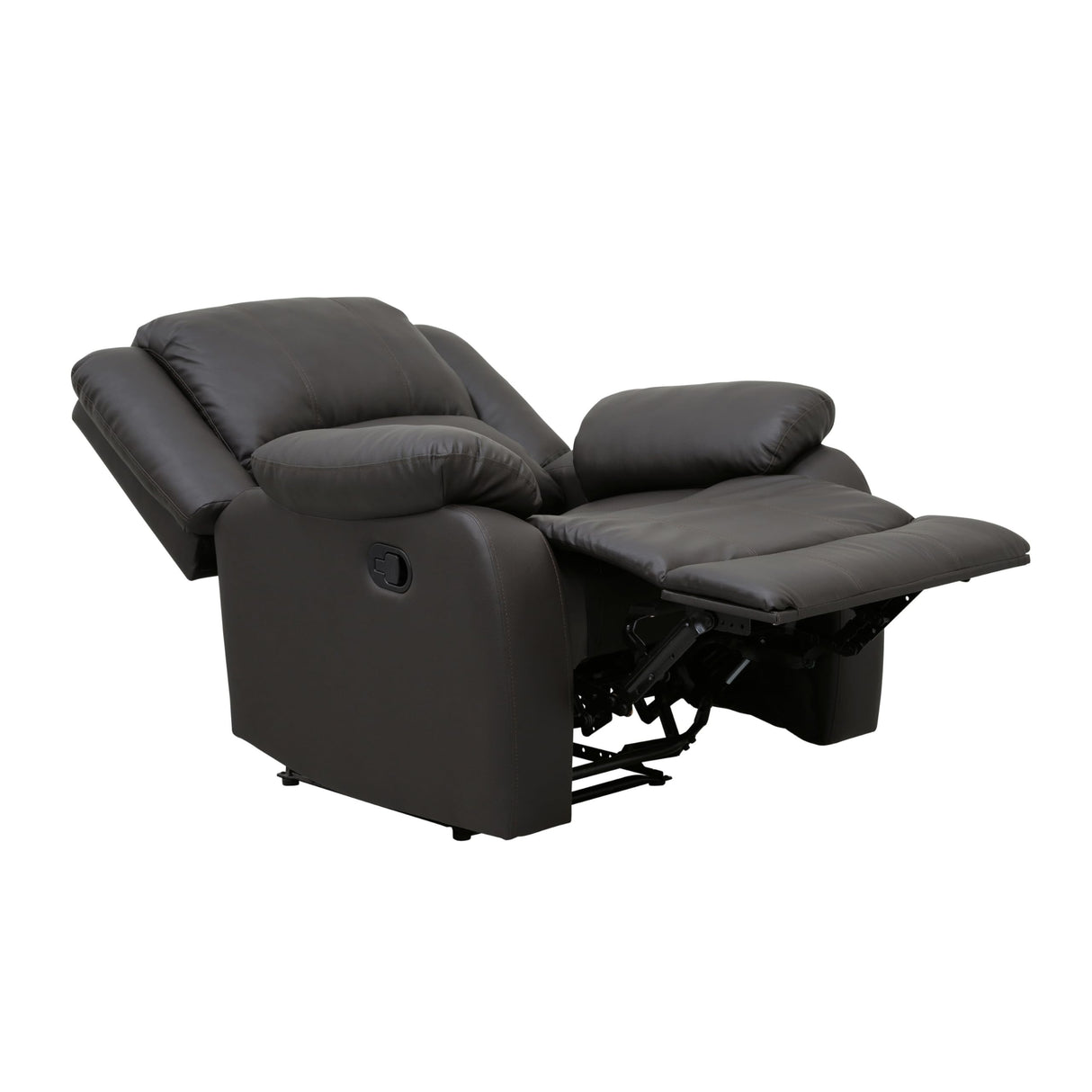 Chris 38 Inch Manual Recliner Chair, Solid Wood, Black Faux Leather