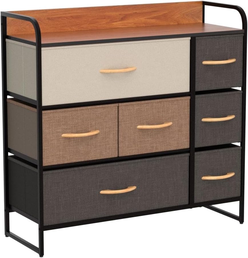 7 Drawer Dresser Storage Tower with Foldable Fabric Drawers, Steel Frame & Wooden