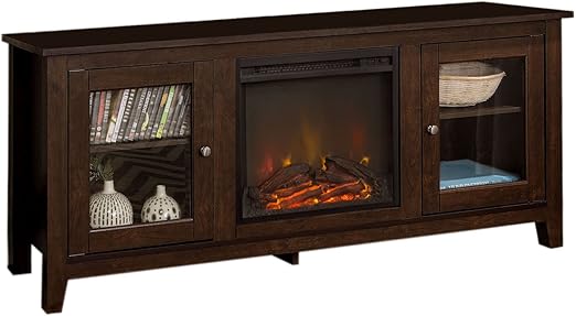 Rustic Wood and Glass Fireplace TV Stand for TV's up to 64" Flat Screen Living Room