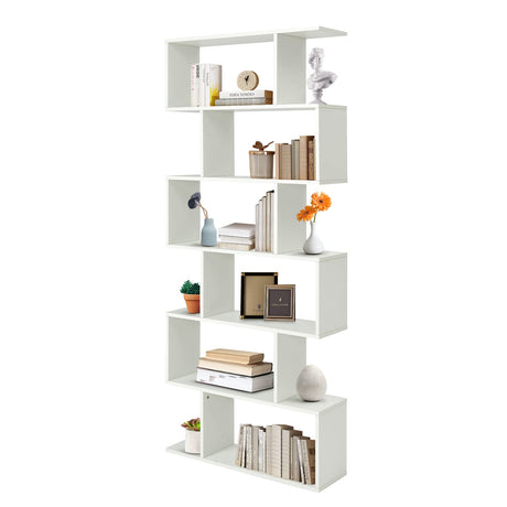 Geometric Bookcase White, S-shaped Wooden Bookshelf, 6-Tier Modern Freestanding