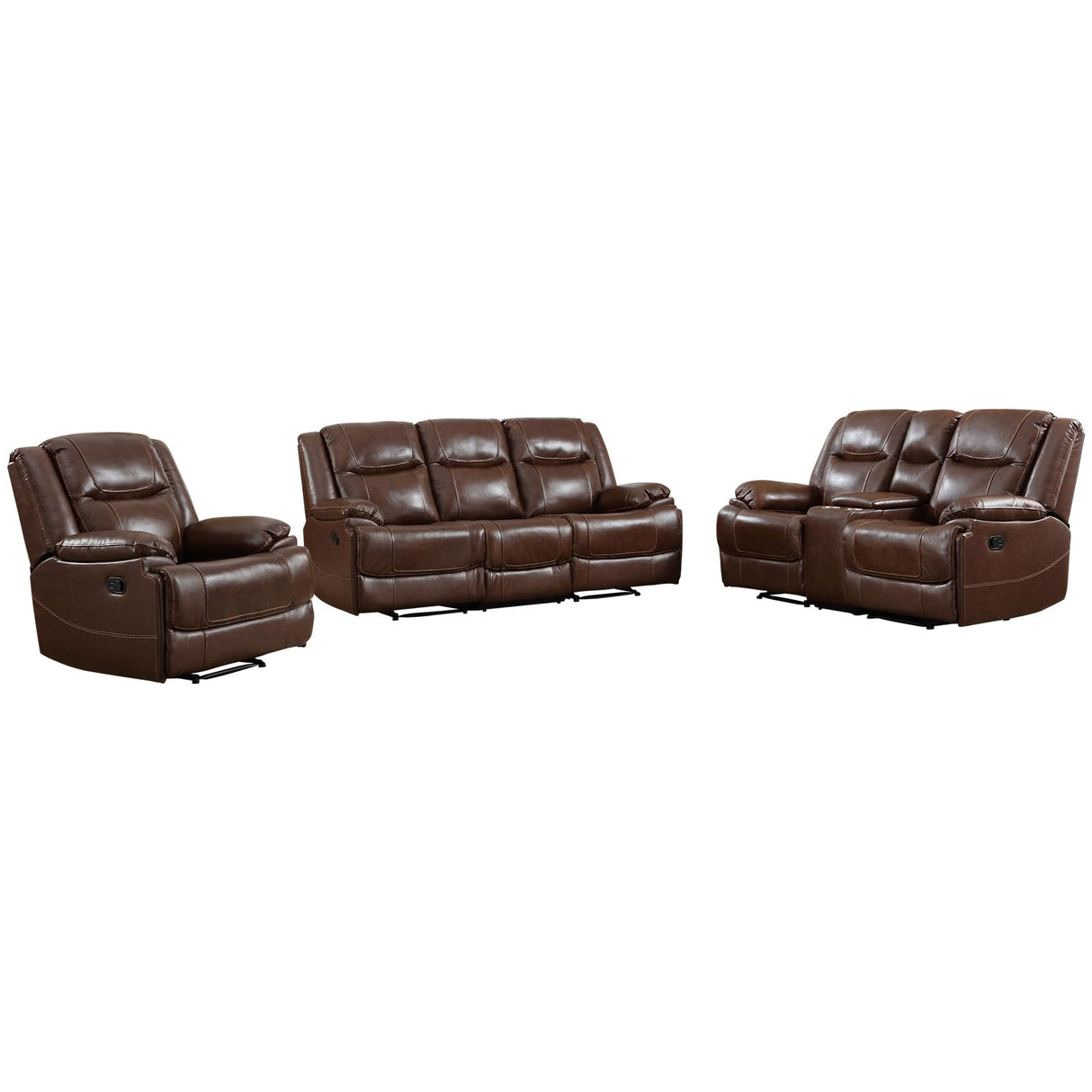 Leather Manual Recliner Sofa Set, Recliner Chair, Loveseat Reclining Sofa and 3 Seat Recliner Sofa, Couch Furniture Set for Living Room, Meeting Room, Brown(Recliner+Loveseat+Sofa)