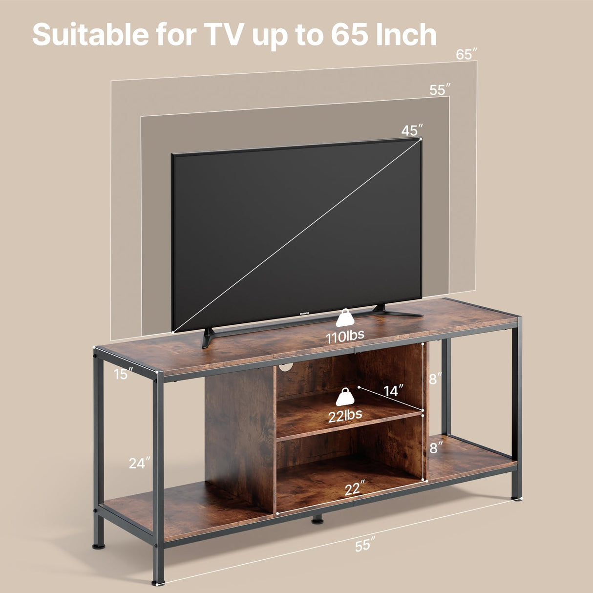 TV Stand for TV up to 65 Inch with Open Shelves, 3-Tier Gaming Entertainment Center