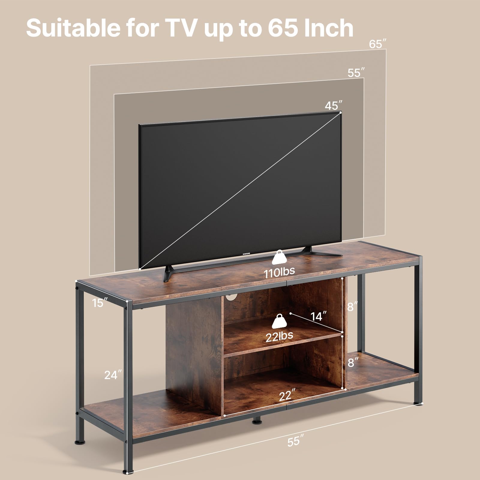 TV Stand for TV up to 65 Inch with Open Shelves, 3-Tier Gaming Entertainment Center