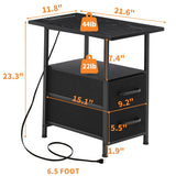 Narrow Side Table Set 2 with LED Light and USB C Port, Night Stand with Charging Station