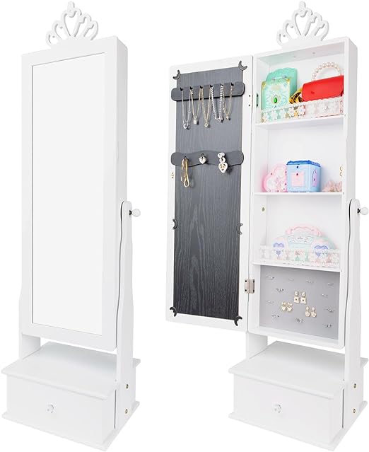 Kids Jewelry Armoire Cabinet, Jewelry Organizer with Standing Full-Length Mirror