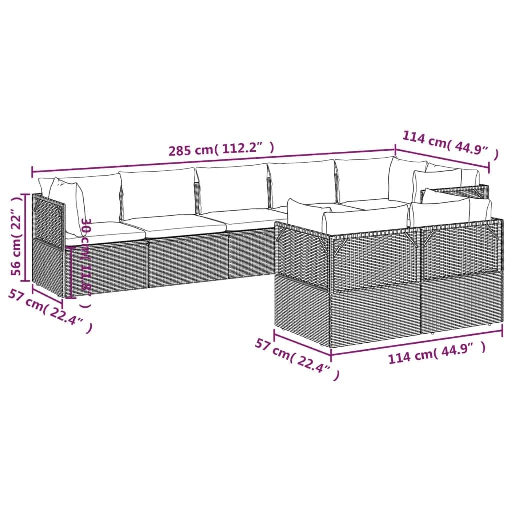 FAMIROSA 8 Piece Patio Lounge Set with Cushions Gray Poly Rattan,64.4 KG,3157426