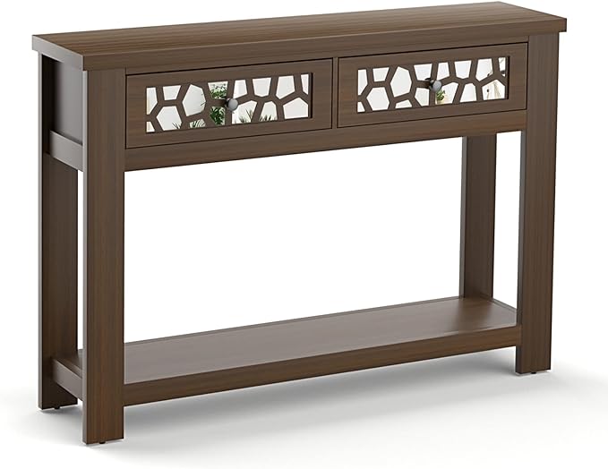 2-tier Console Table with Drawers, Wood Entryway Table with 2 Drawers & Open Storage Shelf for Living Room Entryway,