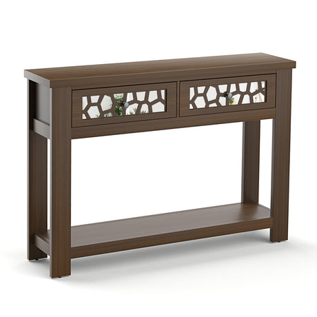 2-tier Console Table with Drawers, Wood Entryway Table with 2 Drawers & Open Storage Shelf for Living Room Entryway,