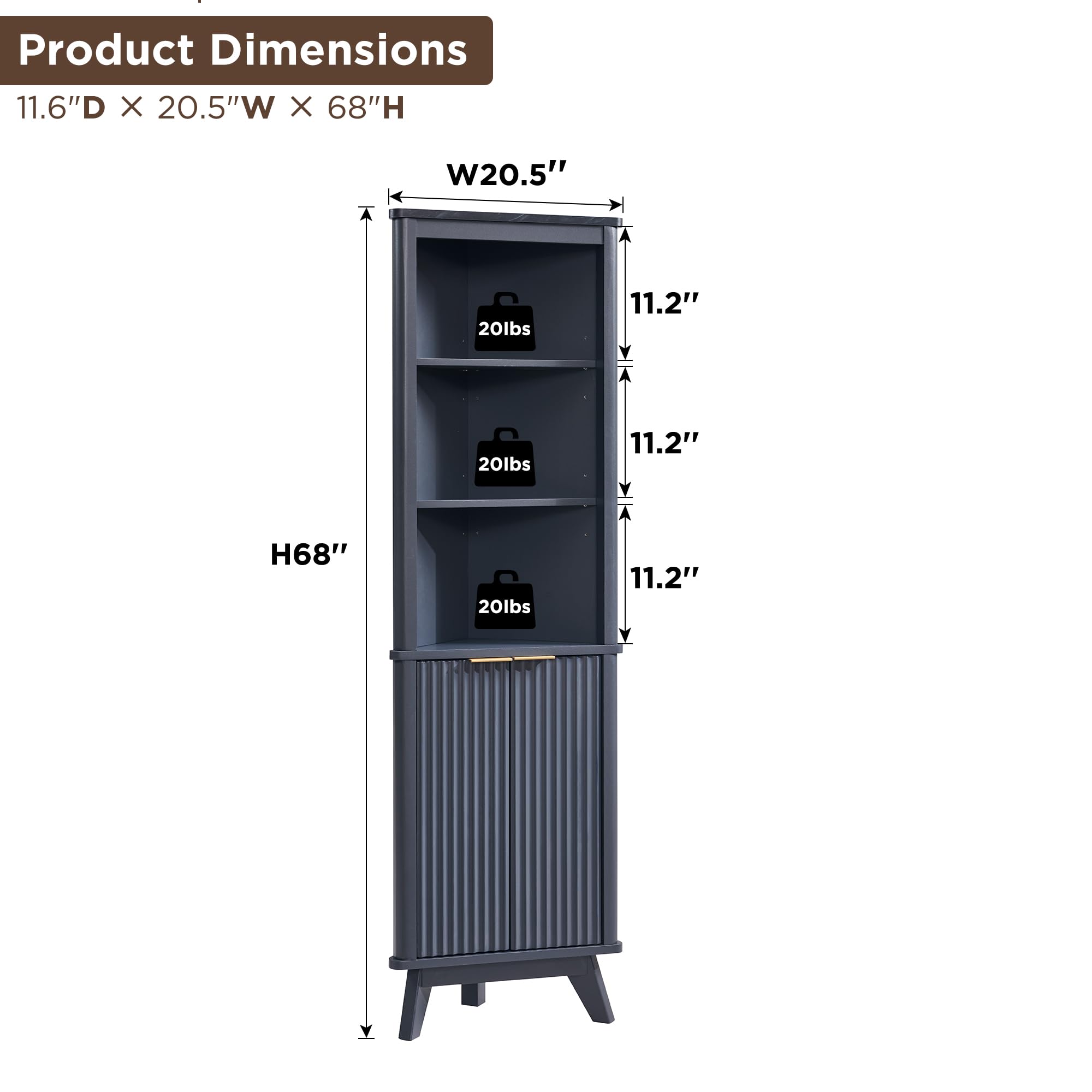 68" Tall Corner Cabinet, Modern Fluted Storage Cabinet with Faux Marble Top & Adjustable