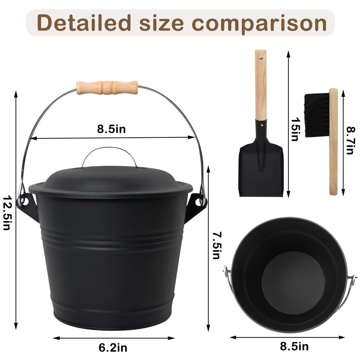 Ash Bucket with Lid and Shovel, 1.3 Gallon Fireplace Bucket for Ashe