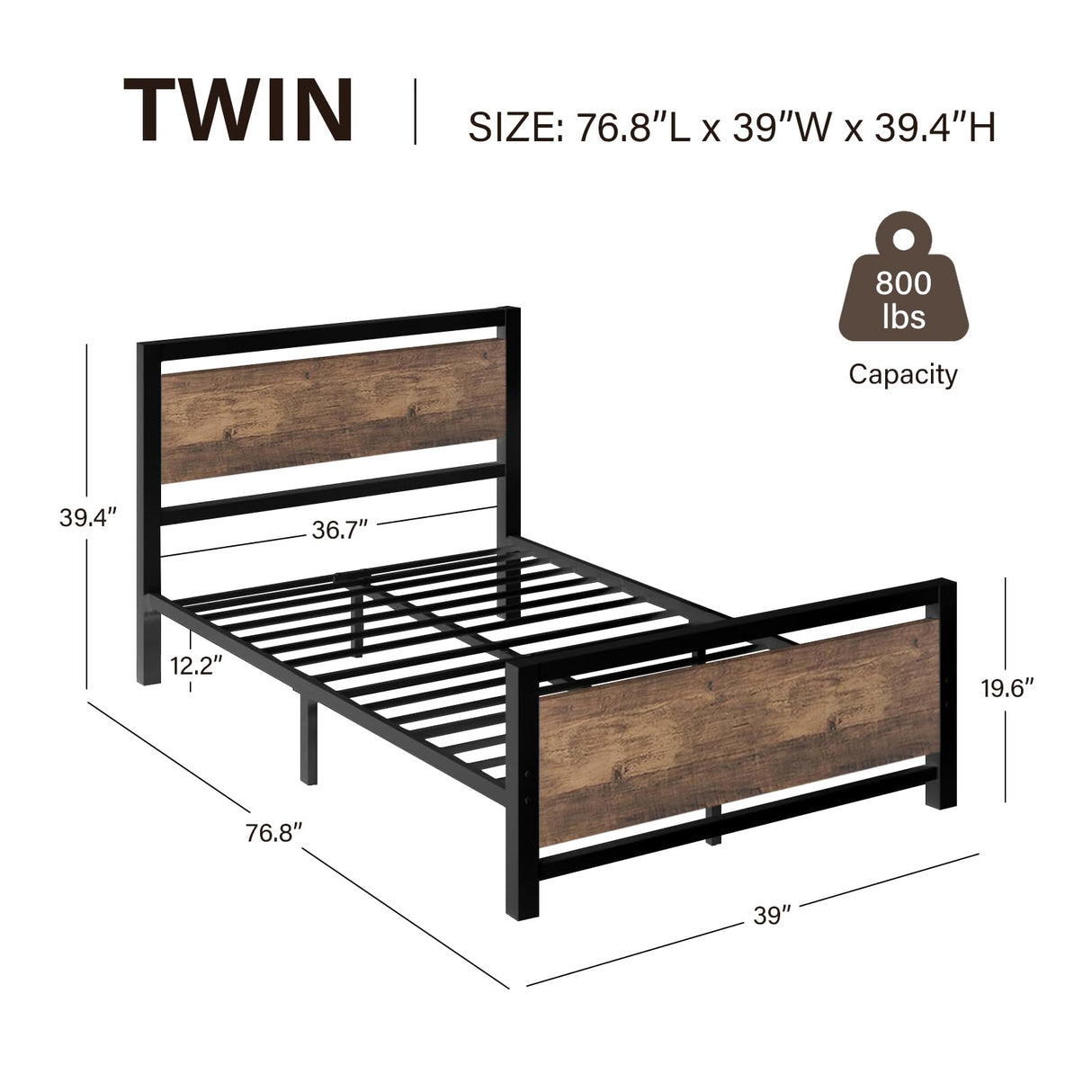 Frame, Platform Metal Bed with Headboard and Footboard, Mattress Foundation