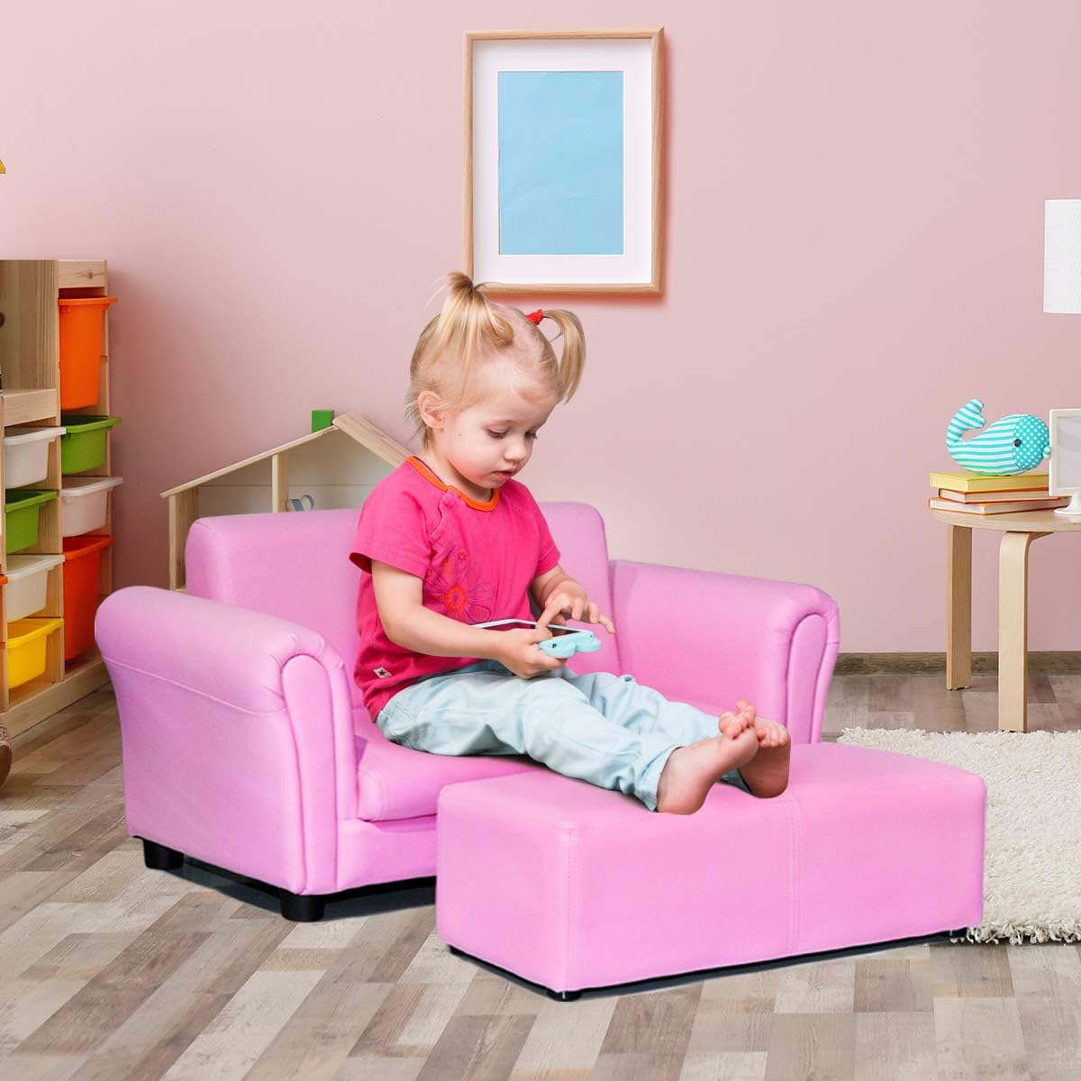 Footstool, 2 in 1 Double Seat Children's Sofa w/PU Leather Surface, Armrest Chair Lounge,