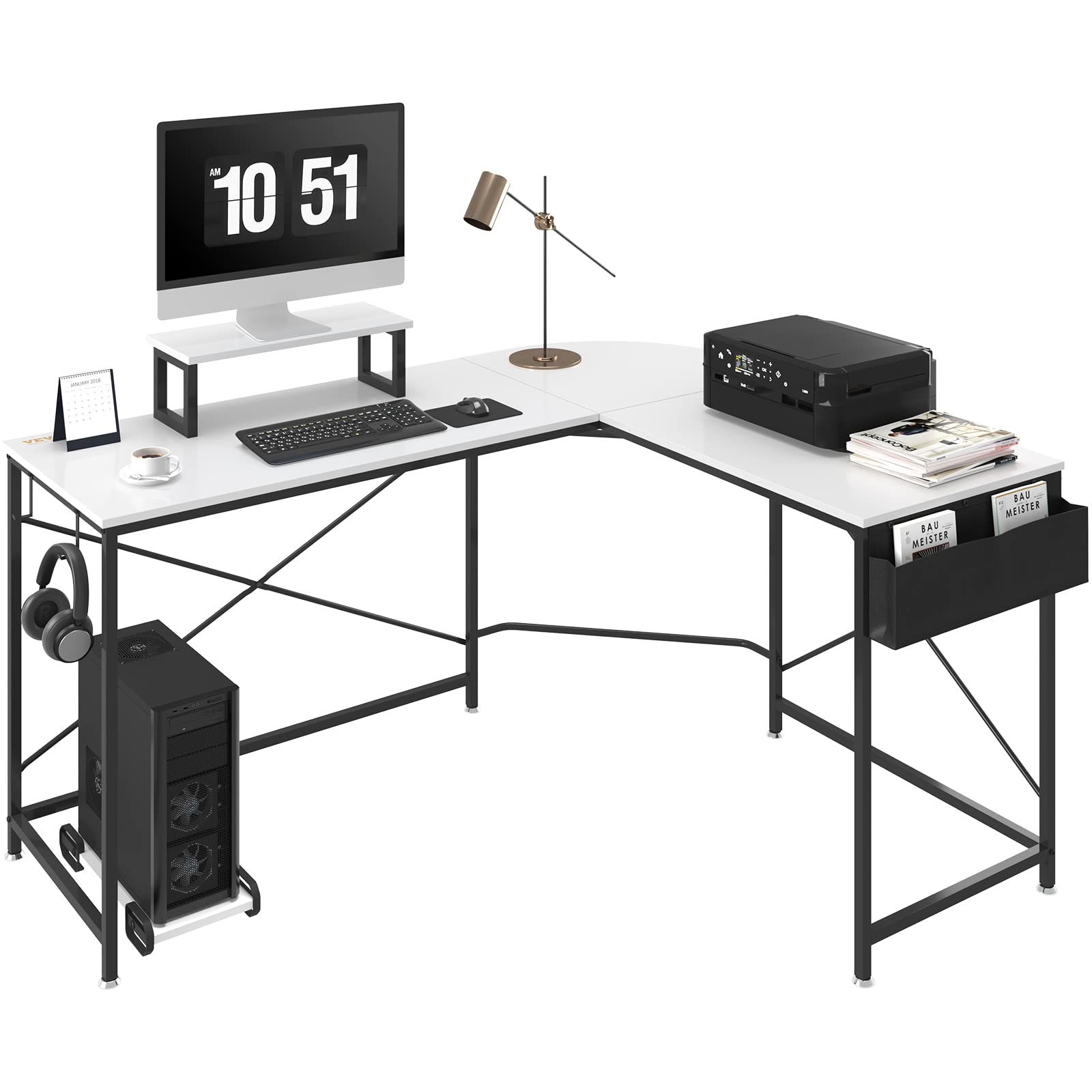 Shaped Computer Desk 59'' L Shaped Desk with Storage Bag Monitor Riser and CPU hite
