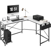 Shaped Computer Desk 59'' L Shaped Desk with Storage Bag Monitor Riser and CPU hite