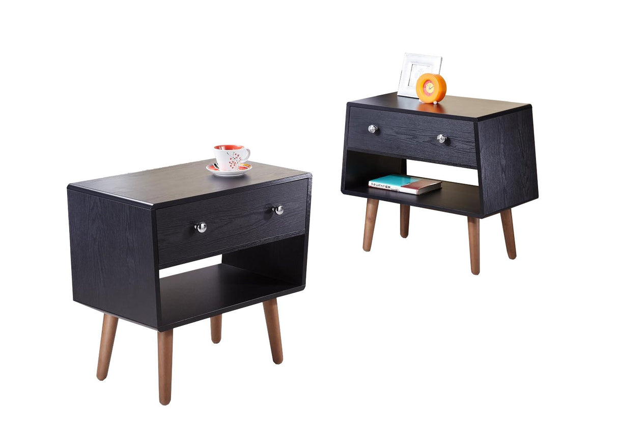 Modern 1-Drawer Nightstand, Set Of 2, Black