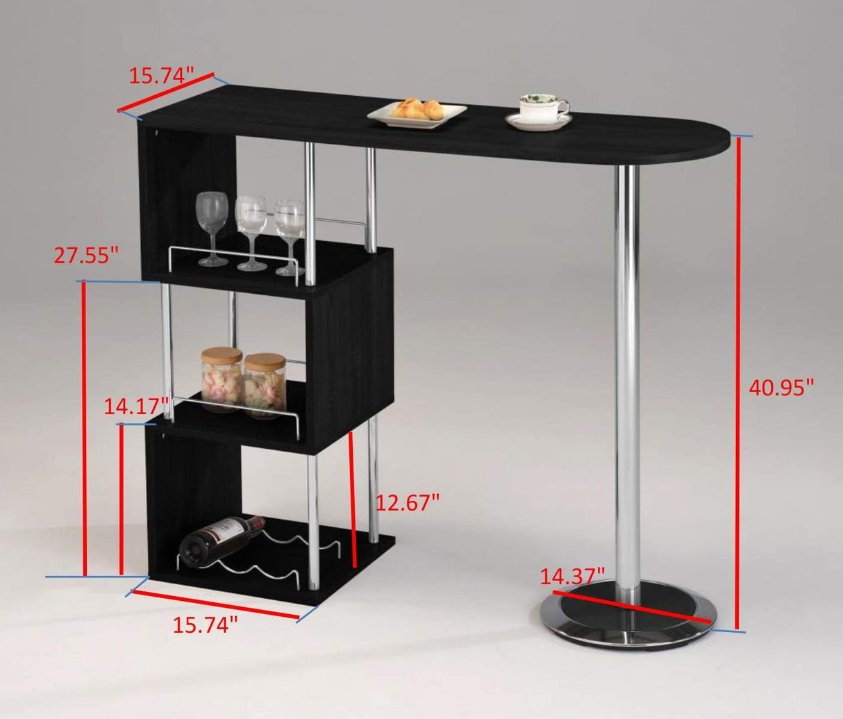 Minorca Modern Wine Bar Table w/Shelves (Black), Bkack