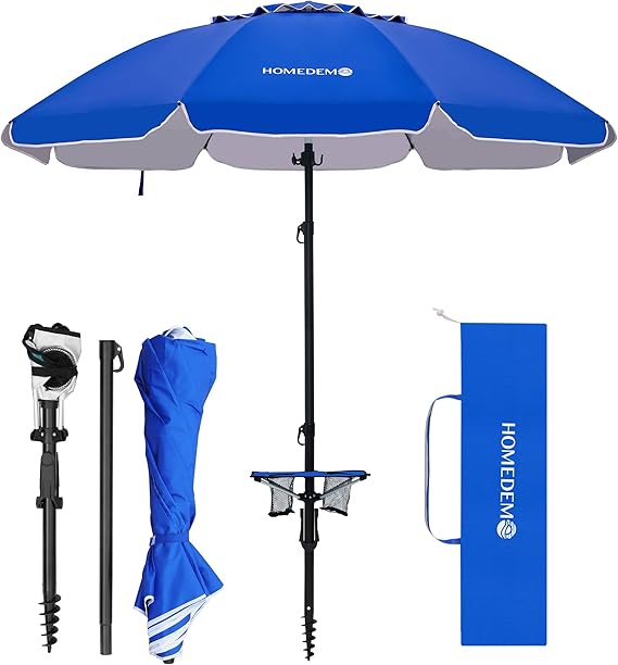 7ft Heavy Duty High Wind Beach Umbrella With Foldable Table & Hook