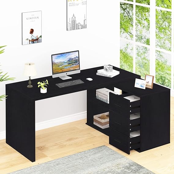 L Shaped Desk with Storage Cabinet, Wood L Shape Desk with Drawers Shelf