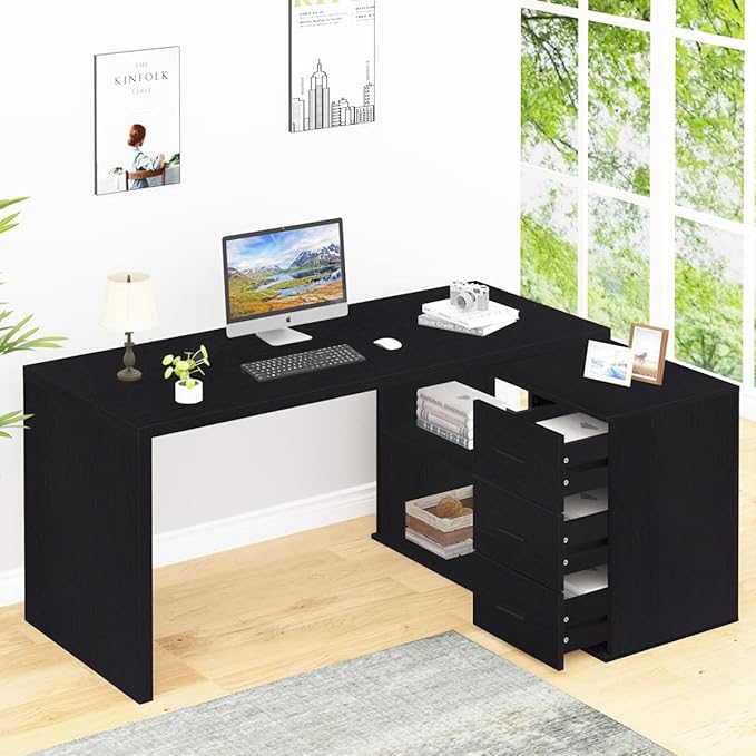 Shaped Desk with Drawers, Shape Computer Storage Cabinet Shelves, Reversible Modern Industrial Home Office Corner Desk