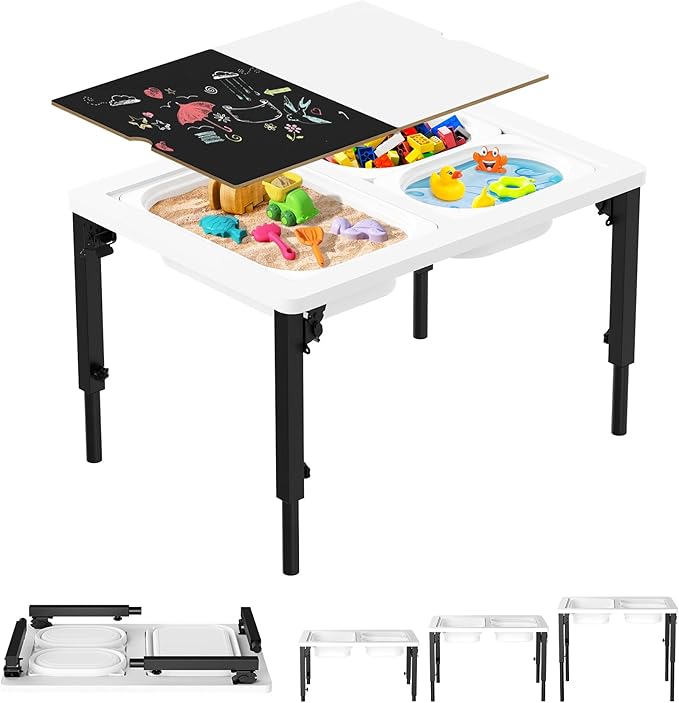 Foldable Sensory Table for Toddlers, Adjustable Height Kids Table, Wooden Activity Table with Metal Legs