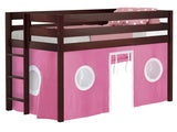 Contemporary Low Loft Twin Bed with End Ladder, Cherry with Pink & White Tent