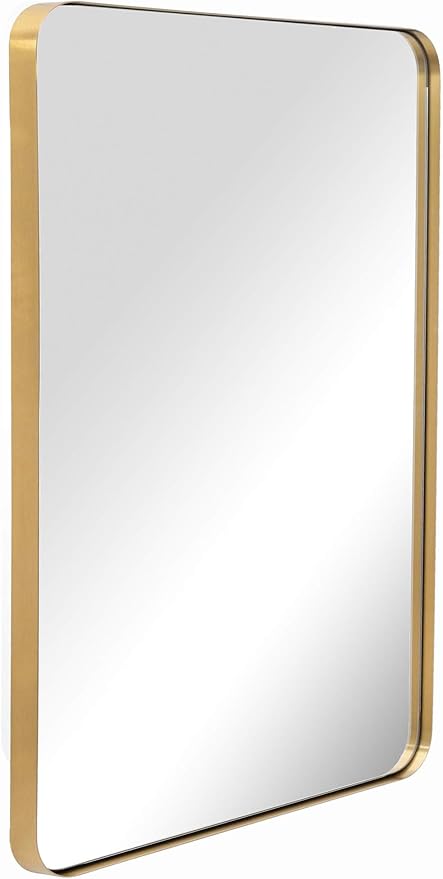 Bathroom Wall Mirror with Metal Frame Gold, 22x30x1’’ Rounded Corner Rectangle
