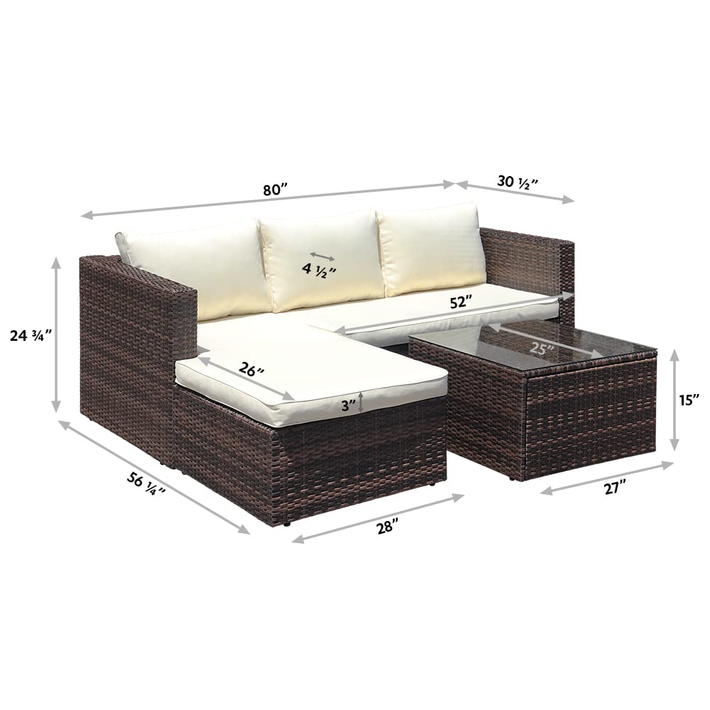 ABBLE 3 Piece Patio Furniture Sets, Outdoor Sectional Sofa Manual Wicker Rattan Corner Seating, Conversation Set with Soft Cushions and Glass-Covered Table – Brown