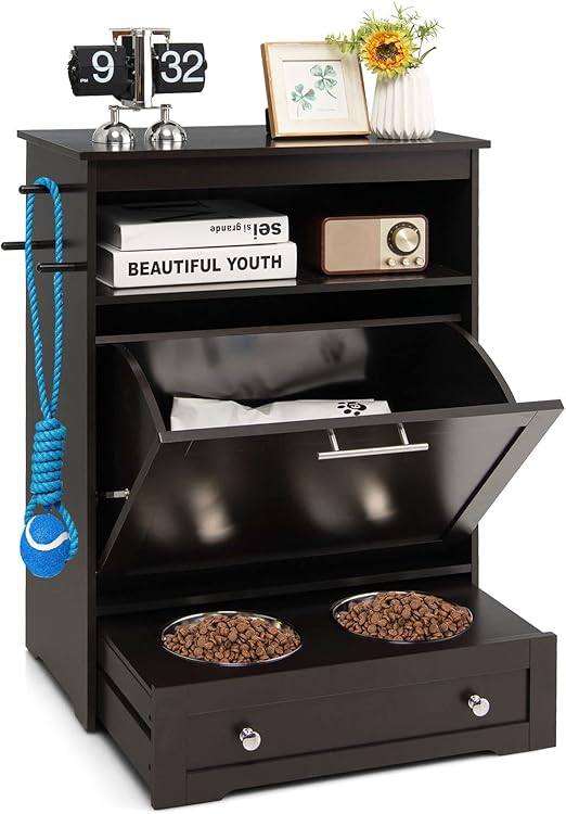 Pet Feeder Station with Storage & Double Bowls