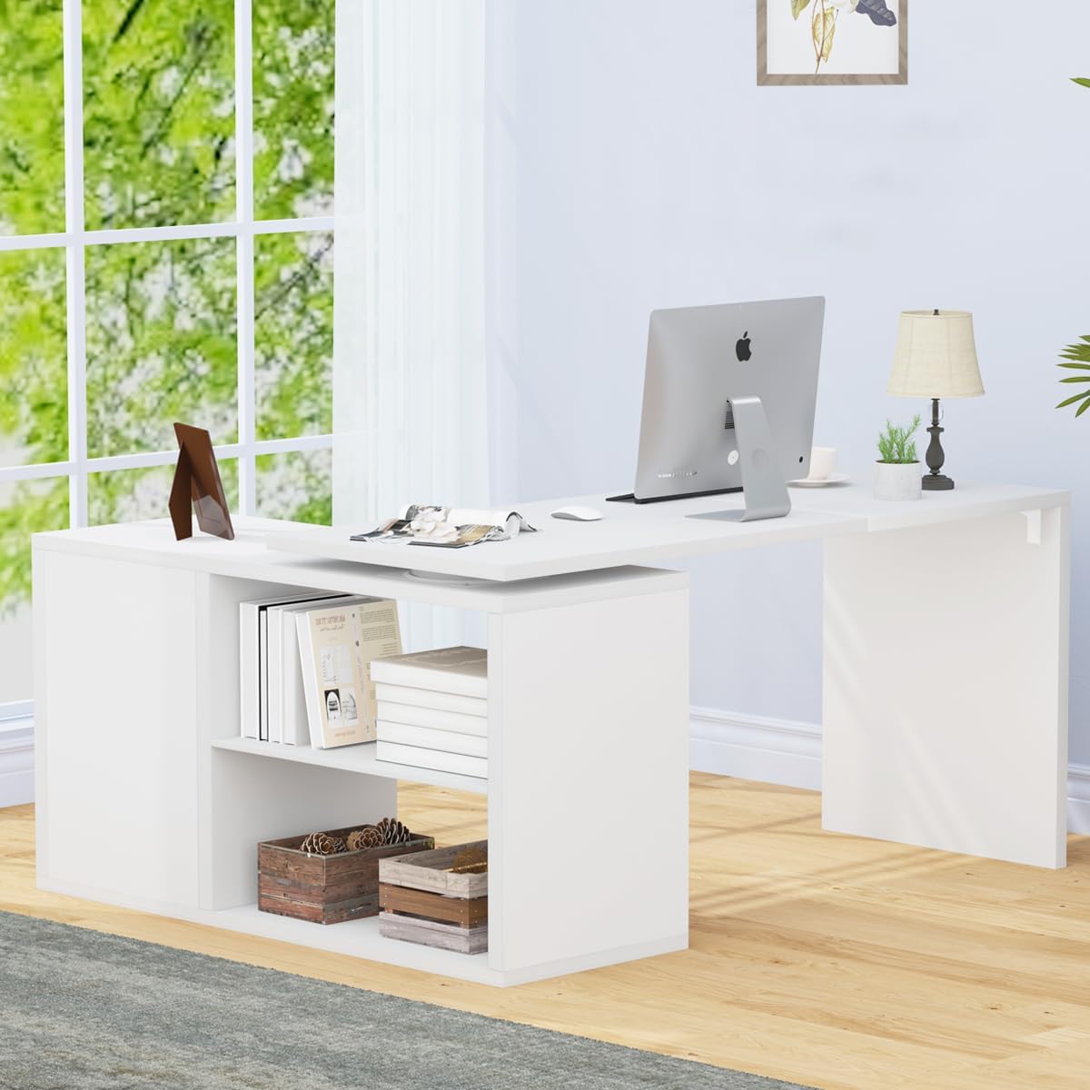 White L Shaped Desk with Shelf, Reversible Modern Home Office Desk Workstation