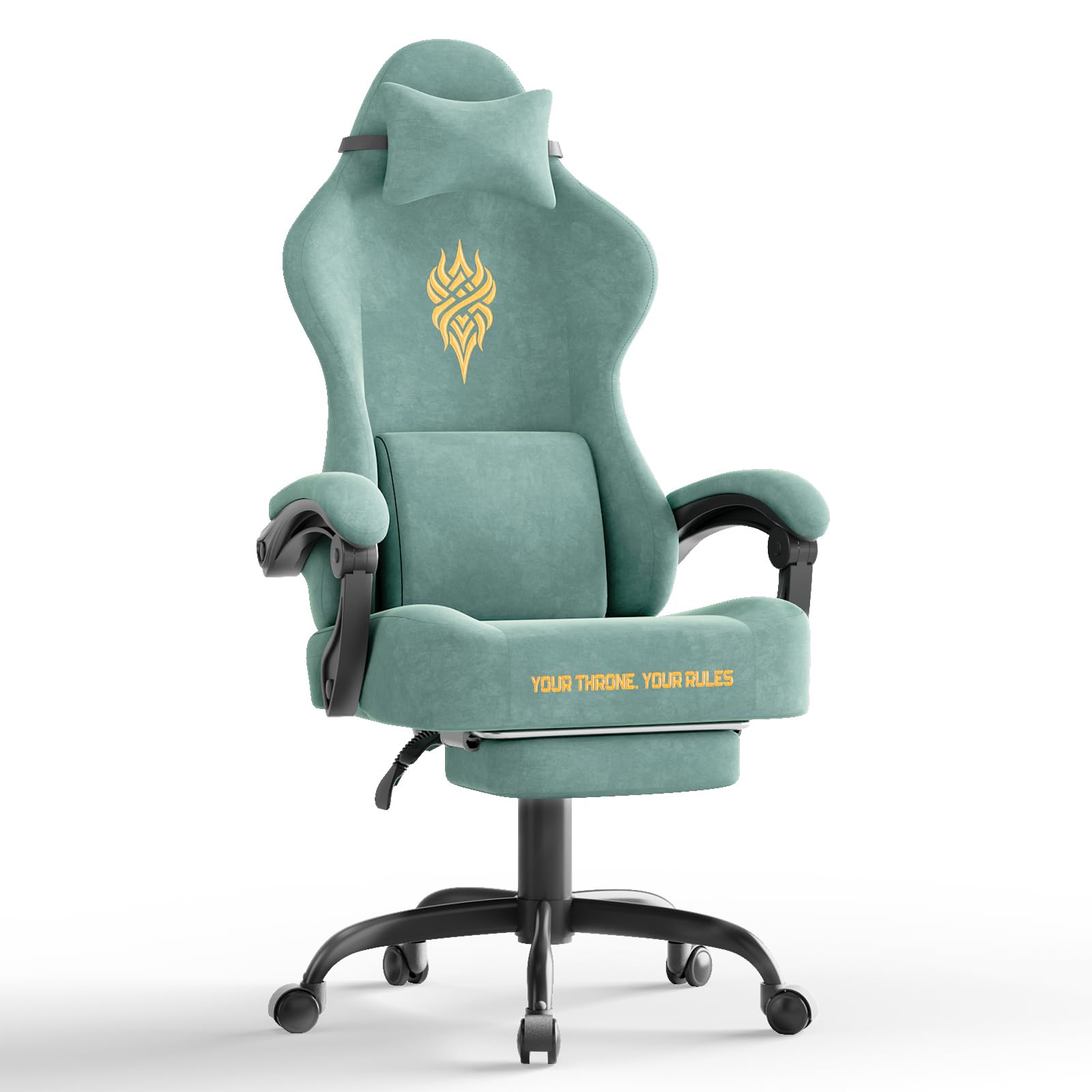 Ferghana Velvet Fabric Gaming Chair with 20.5″ Wider Seat Cushion, Fire Embroidery Ergonomic High Back Game Chair with Footrest, Computer Chair with Massage Lumbar Support for Adult, Green