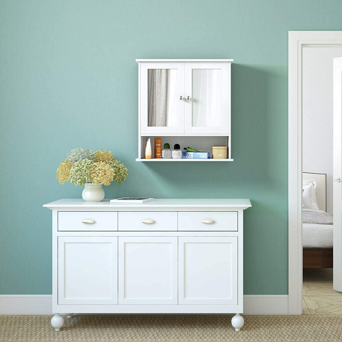 Wall Mounted Bathroom Cabinet w/2 Mirrored Doors, Over-Toilet Hanging Cabinet