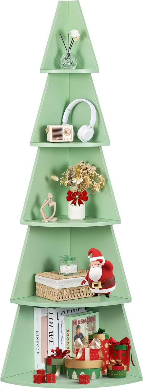 5 Tier Green Corner Book Shelf, 62" Tall Tree Corner Bookshelf with Storage,