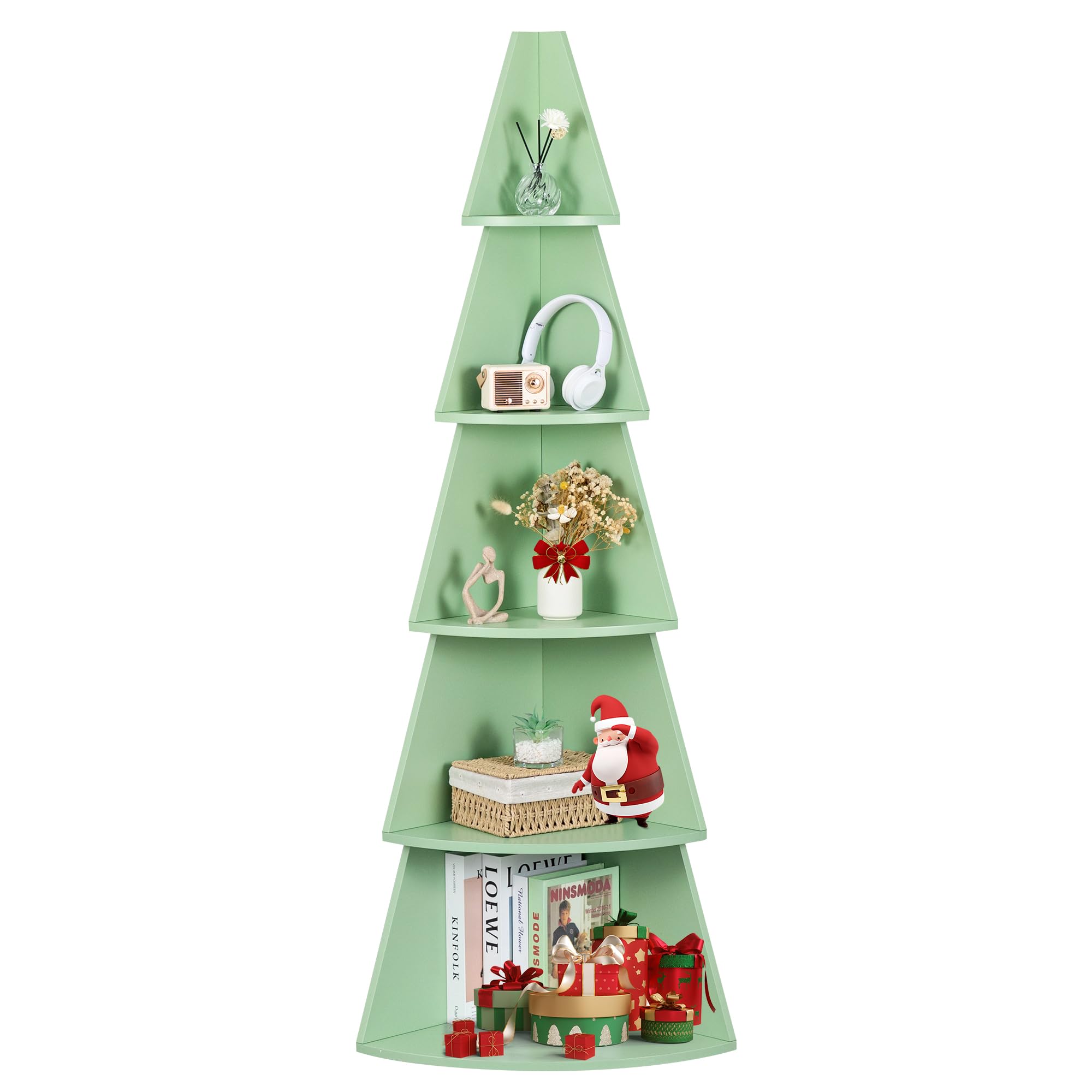 5 Tier Green Corner Book Shelf, 62" Tall Tree Corner Bookshelf with Storage,