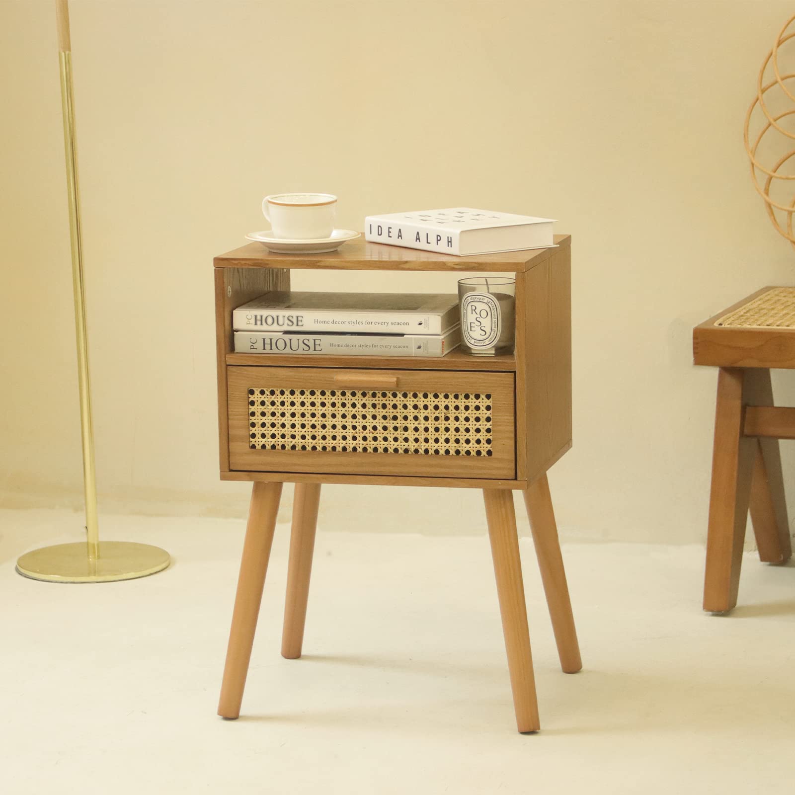 Mid Century Modern Nightstand with Drawer, Small Nightstand Bedside Table, Brown Rattan Nightstand, Wood End Table for Bedroom, Living Room (Brown)