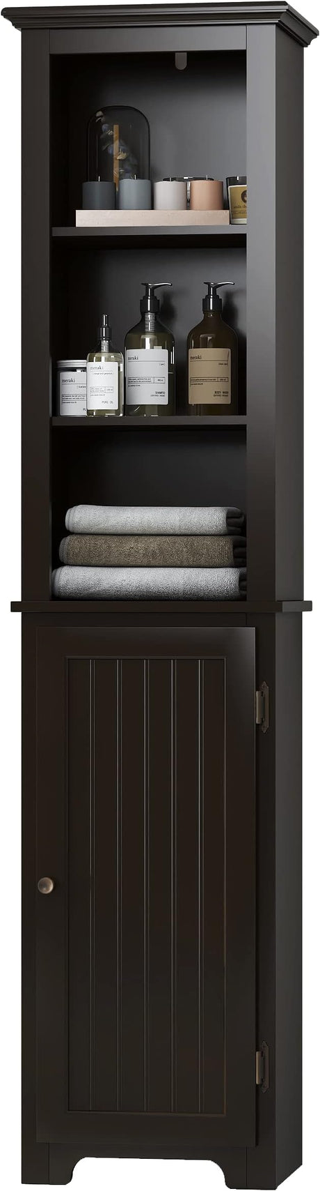 64" Freestanding Storage Cabinet, Bathroom Tall Silm Cabinet with Doors and Adjustable Shelves,