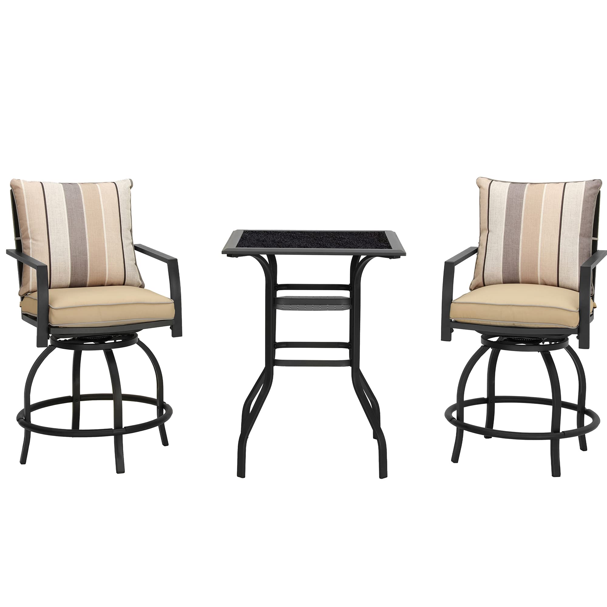 LOKATSE HOME Patio Bar Height 2 Outdoor Swivel Chairs and 1 High Glass Top Table, 3 Piece Bistro Set, Beige