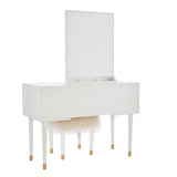 Makeup Vanity Two Piece Set with Lighted Glam Mirror Accents, White and Gold