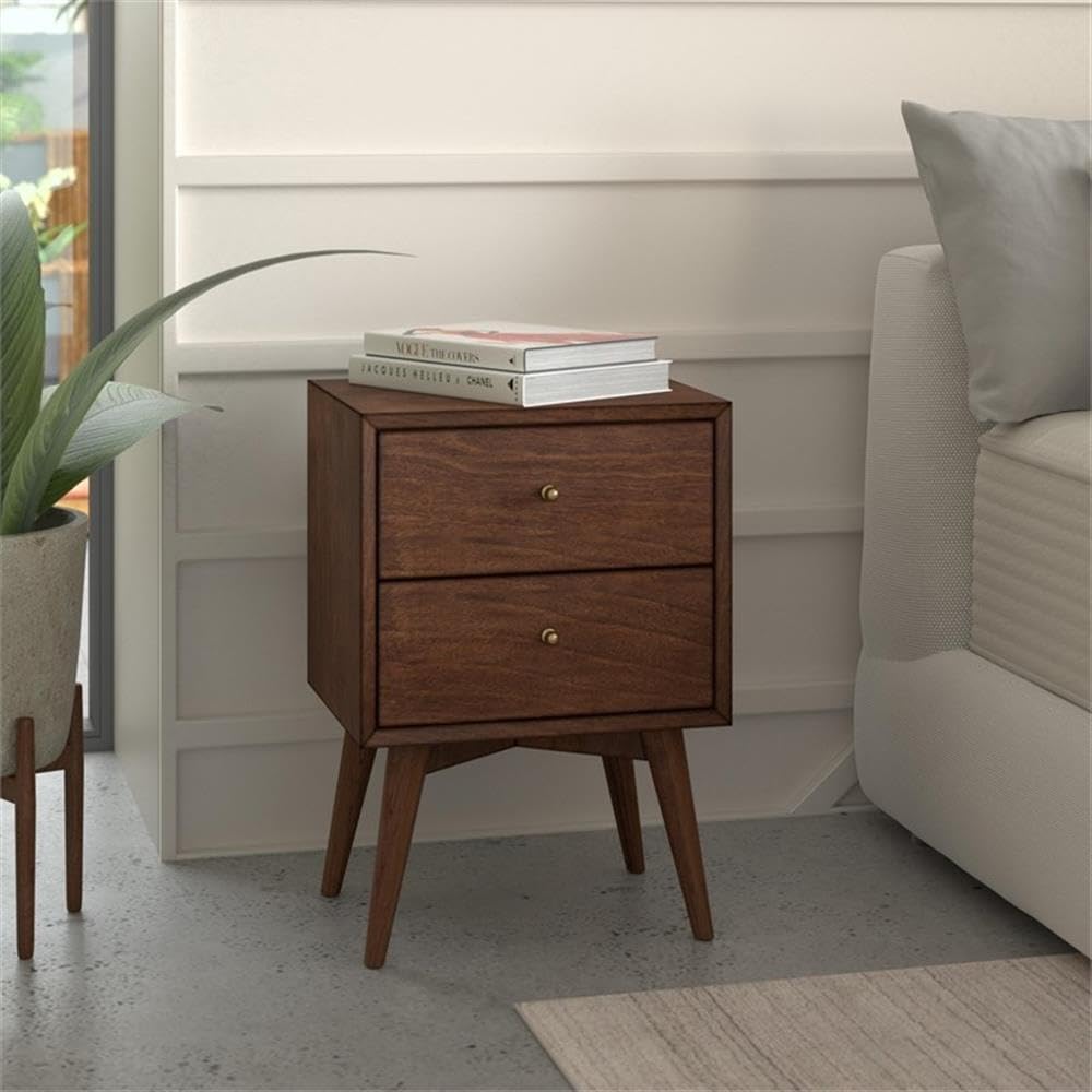 Mid Century Wood 2 Drawer Nightstand in Walnut (Brown)